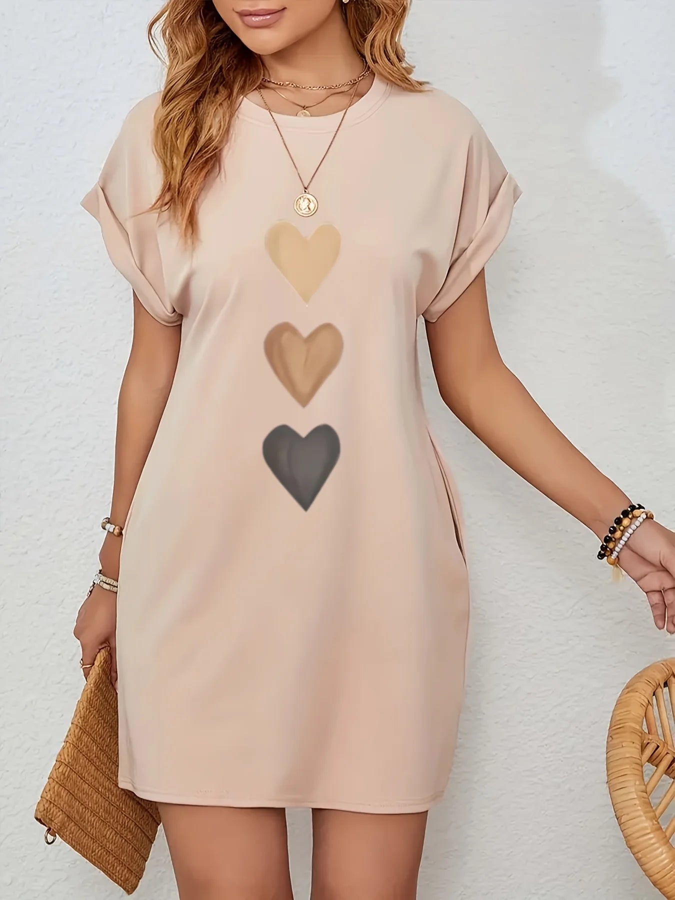 Women’s Heart Print Knit T-Shirt Dress - Casual Short Sleeve Crew Neck Top with Colorful Flag Design