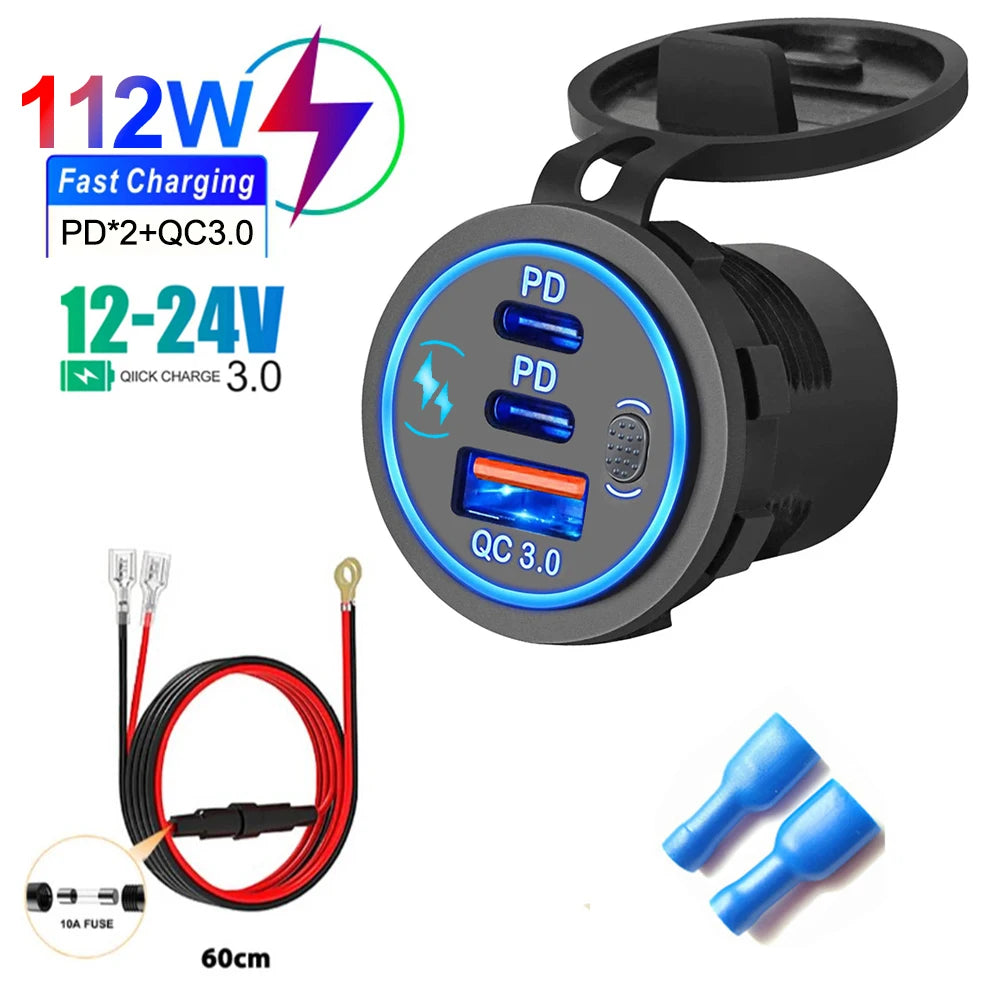 78W Dual USB C Car Charger Socket - PD3.0 & QC3.0 Fast Charging Adapter with LED Touch Switch for 12V/24V Vehicles