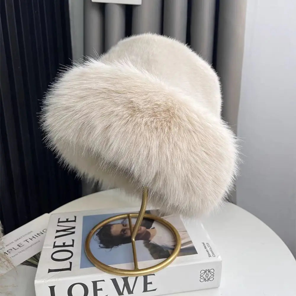 Fluffy Fur Fisherman Hat for Women – Winter Plush Ear Protection, Windproof Warm Solid Fashion Bucket Cap