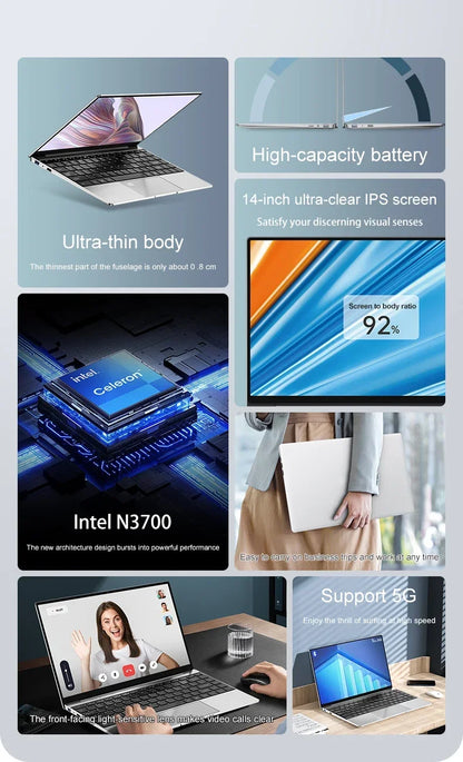 14.1" Ultra-Slim Laptop — Intel N3700 | 16GB RAM | 2TB SSD | FHD 1920x1080 Display | Windows 11 Pro Notebook for Gaming & Office
