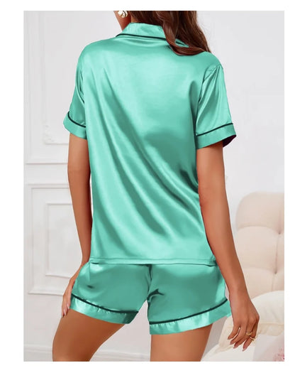 Women's Satin Pajamas Set – Summer Two-Piece Sleepwear with Button-Down Top and Shorts, Comfortable Nightwear Loungewear
