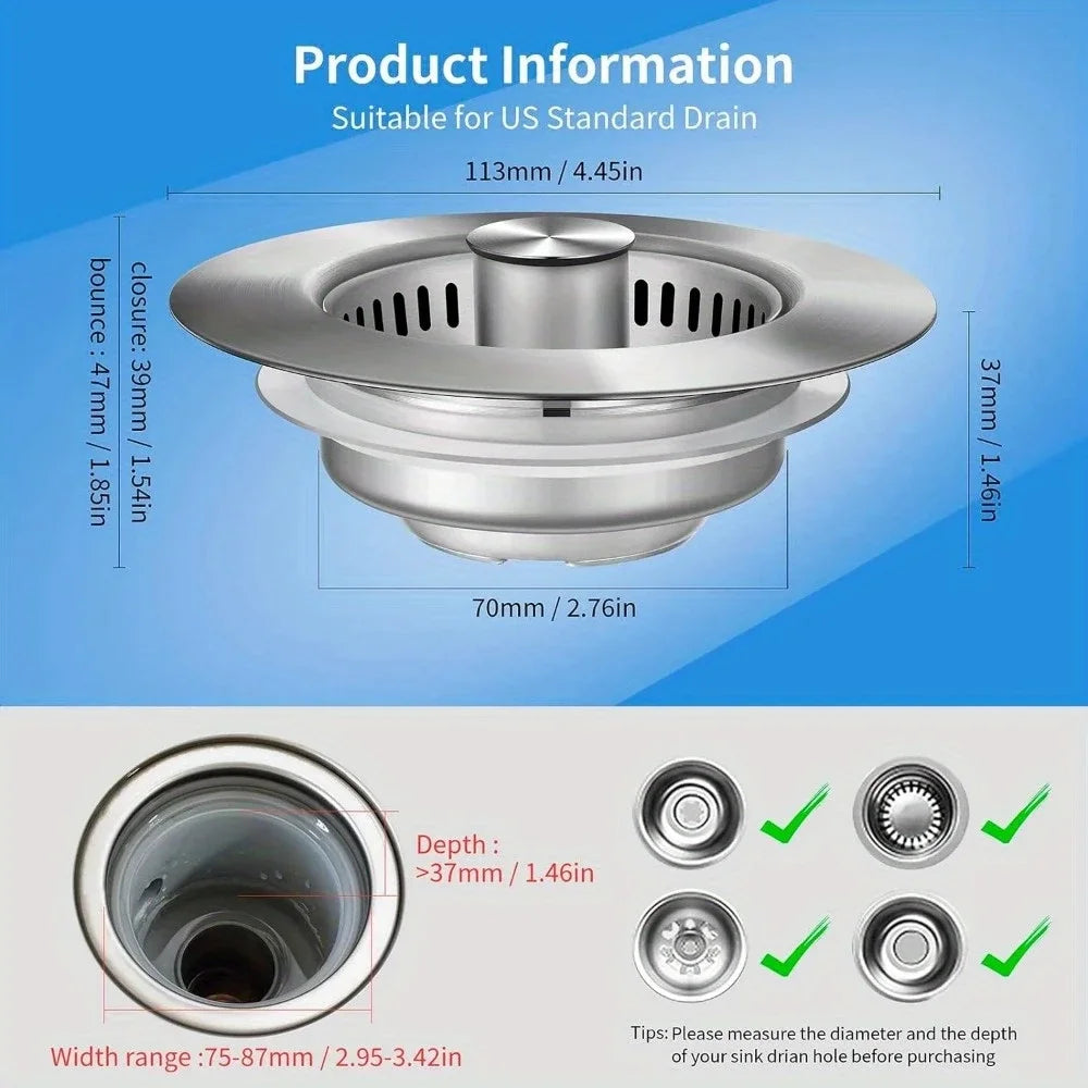 3-in-1 Stainless Steel Kitchen Sink Strainer - Pop-Up Drain Stopper with Anti-Clogging Basket & Odor Filter