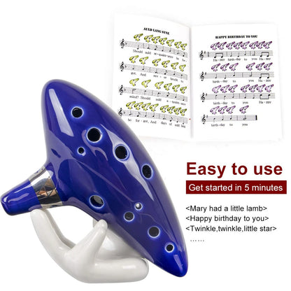12 Tone Alto C Ocarina – Ceramic Musical Instrument with Songbook, Neck Cord & Carry Bag, Blue