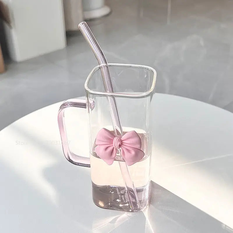 350ML Square Mug with Lid and Straw – Household Cup for Milk and Coffee, Pink Handle Gift for Women
