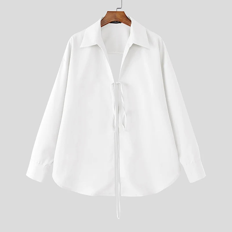 Men’s Lace Up Hollow Out Shirt - Long Sleeve Lapel Streetwear Top for Fashion Parties and Casual Style