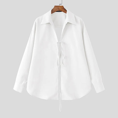 Men’s Lace Up Hollow Out Shirt - Long Sleeve Lapel Streetwear Top for Fashion Parties and Casual Style