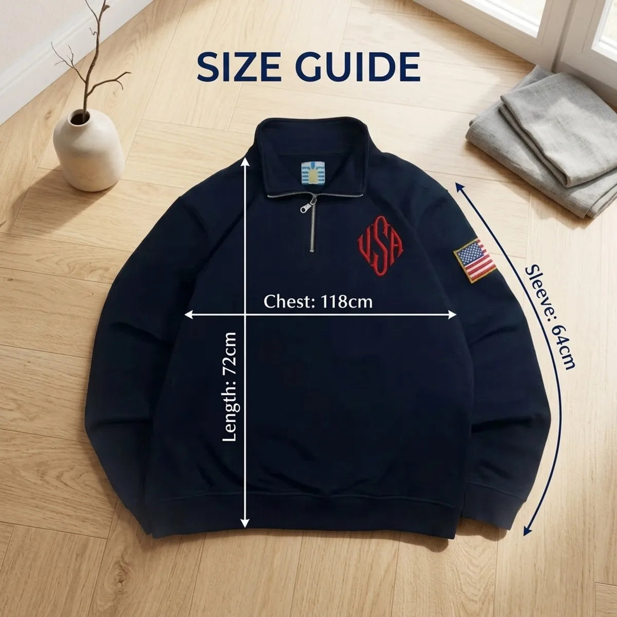 Men’s Y2K American Flag Embroidered Hoodie – Quarter Zip Streetwear Sweatshirt Navy Blue White Patch Sleeve Casual Pullover Sweater