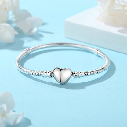 925 Sterling Silver Love Heart Charm Bracelet – Rose Gold Snake Chain Bangle for Women | DIY Luxury Bead Jewelry Accessories