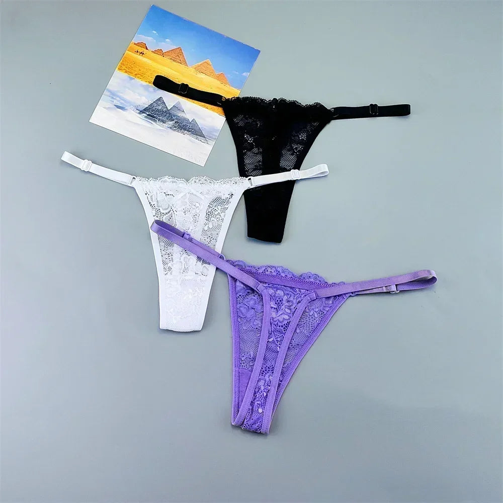 Women's Transparent Lace Thong Set - 3PCS Adjustable Low Waist Sexy T-Back Underwear