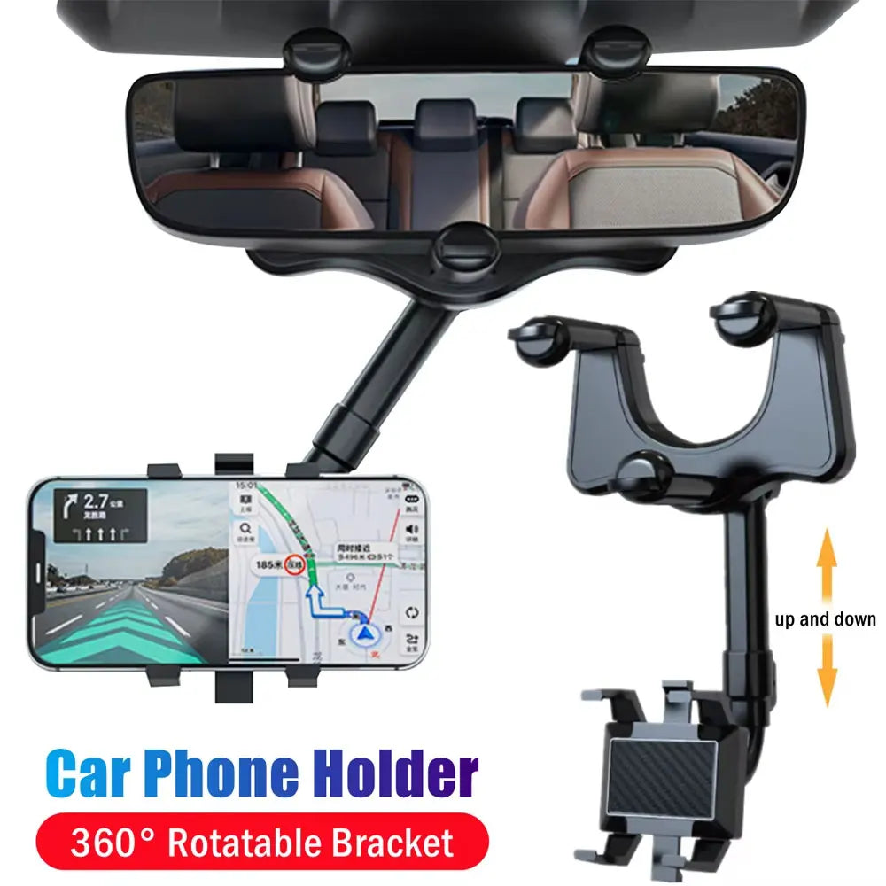 360° Adjustable Car Rearview Mirror Phone Holder - Retractable GPS Mount Clip for Mobile Devices