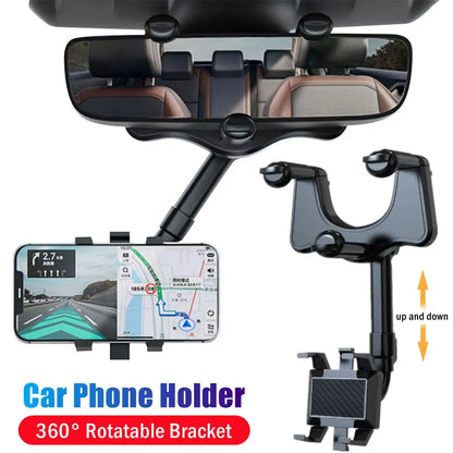 360° Adjustable Car Rearview Mirror Phone Holder - Retractable GPS Mount Clip for Mobile Devices