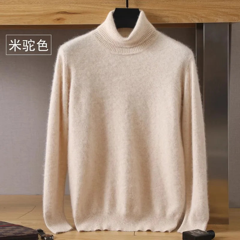 Men's Pure Mink Velvet Cashmere Sweater - High Lapel Long Sleeve Knitted Winter Luxury Pullover Top