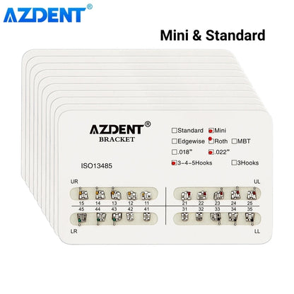AZDENT 10 Packs Dental Brackets – Orthodontic Metal Mini Standard Roth MBT Slot 0.022/0.018 with Hooks, 20 Pcs per Pack