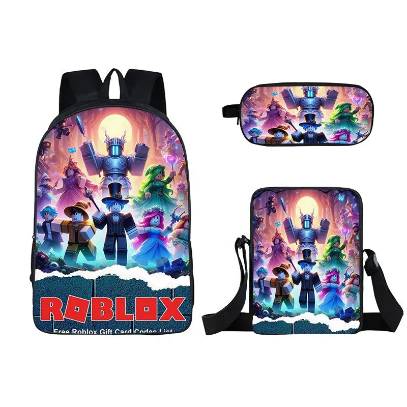 Kids Roblox 3-in-1 Backpack Set — School Bookbag, Shoulder Bag & Pencil Case Waterproof Travel Bag for Teens