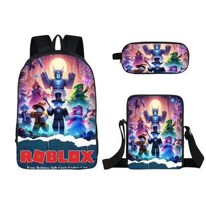 Kids Roblox 3-in-1 Backpack Set — School Bookbag, Shoulder Bag & Pencil Case Waterproof Travel Bag for Teens