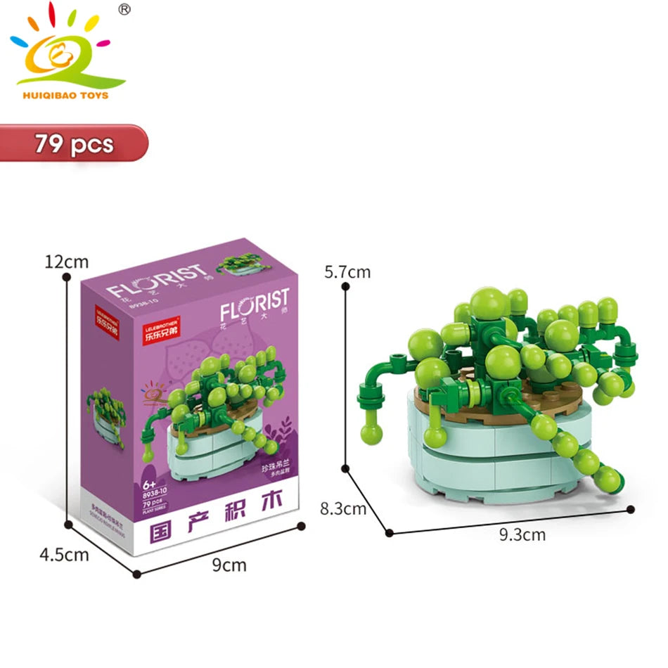 HUIQIBAO MOC Flower & Succulent Potted Building Block Set – DIY Eternal Bouquet, Home Desk Plant Decor, Girls & Kids Toy Gift