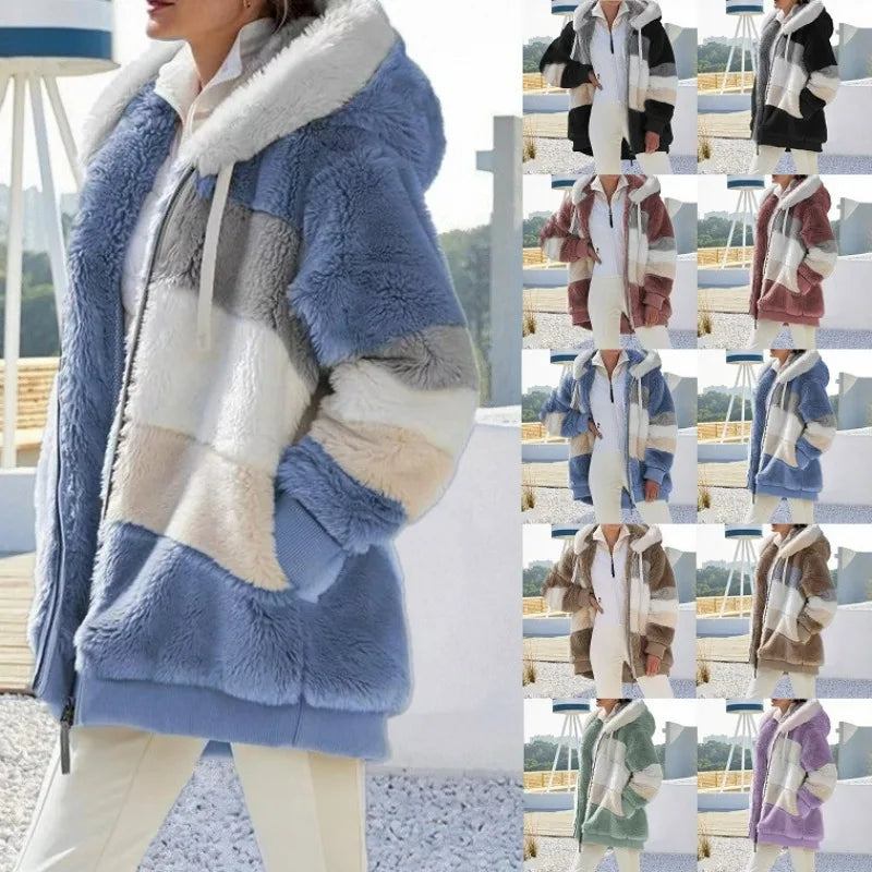 Oversized Jacket for Women – 2023 Autumn Winter Warm Plush Hooded Coat, Loose Fit Streetwear with Pockets