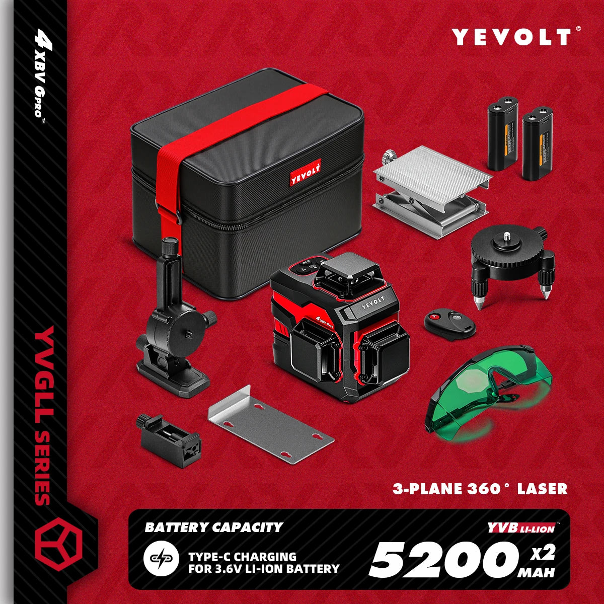 YEVOLT YVGLL4XS12 12-Line Green Laser Level – ±0.2mm/m Precision, IP54 Waterproof, Auto-Leveling with Slope Mode