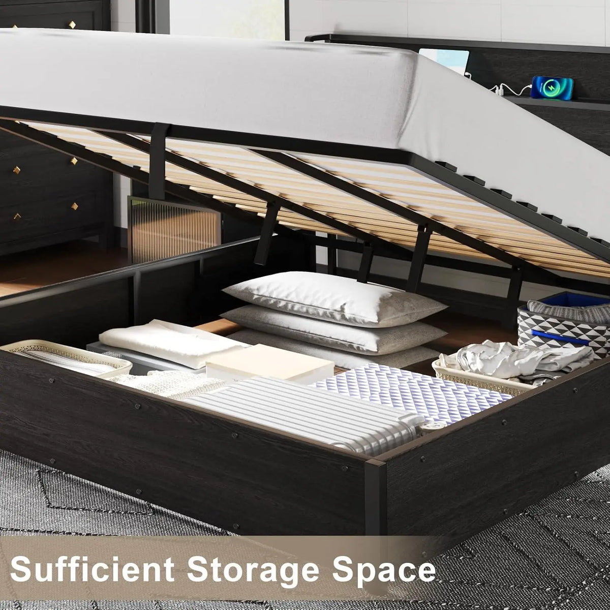 King Lift-Up Storage Bed Frame - Wooden Platform Bed with USB Charging, No Box Spring Required