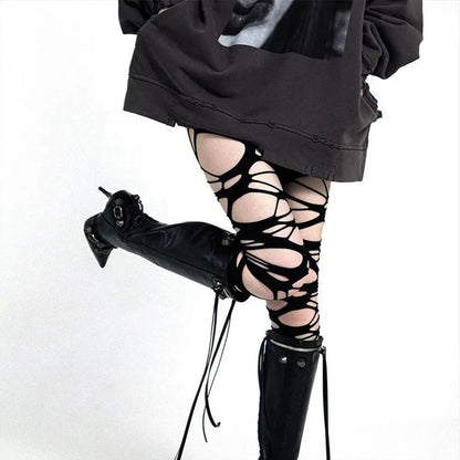 Punk Y2K Ripped High-Waist Fishnet Stockings - Women’s Halloween, Rave & Party Tights