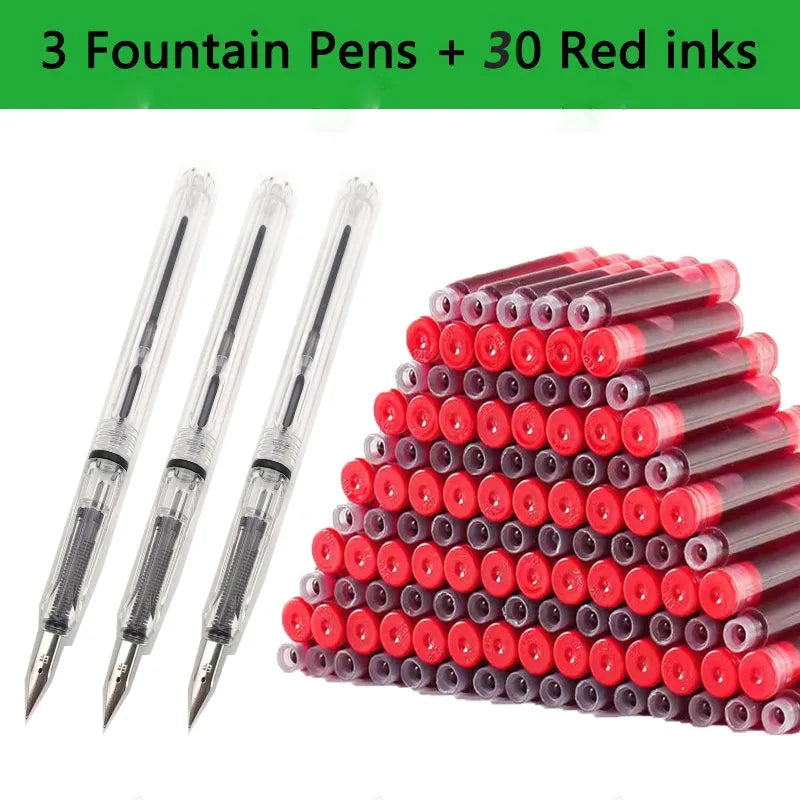 33PCS Kawaii Fountain Pen & Ink Set - Black Blue Red EF 0.38mm Replaceable Ink Pens for School Office Writing Supplies