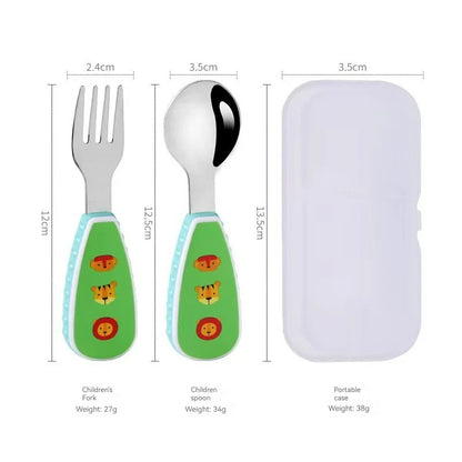 Toddler Dinosaur Spoon & Fork Set - Stainless Steel Cartoon Feeding Utensils with Short Handle for Kids