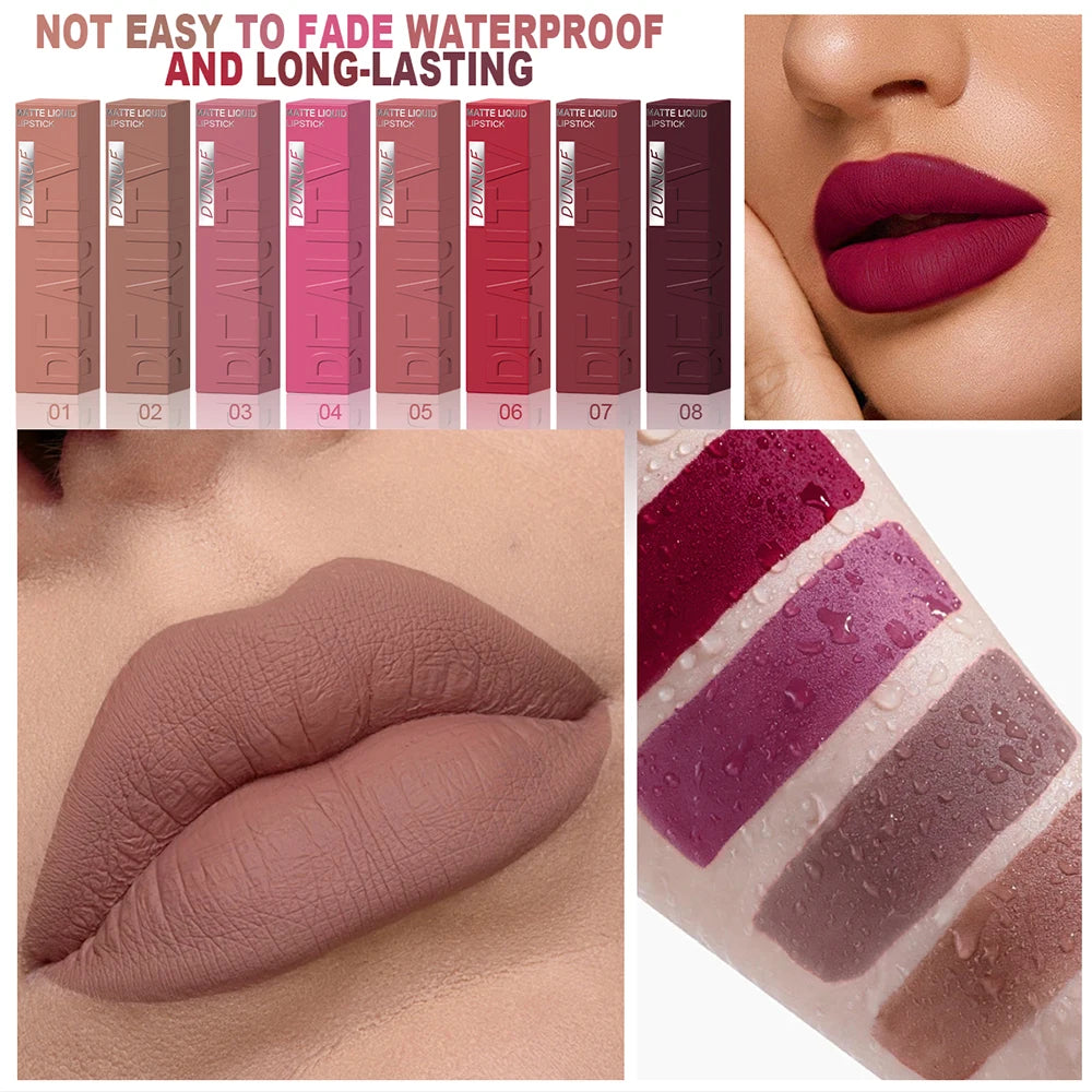DUNUF Matte Velvet Lipstick - 8 Color Waterproof Plumping Square Tube Lip Gloss Makeup