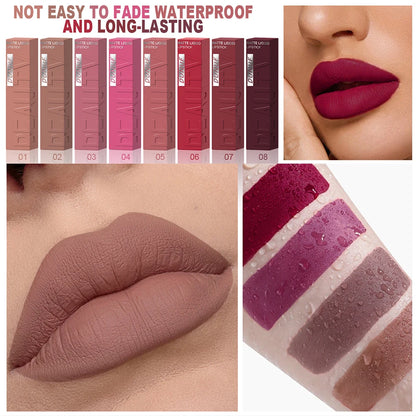 DUNUF Matte Velvet Lipstick - 8 Color Waterproof Plumping Square Tube Lip Gloss Makeup
