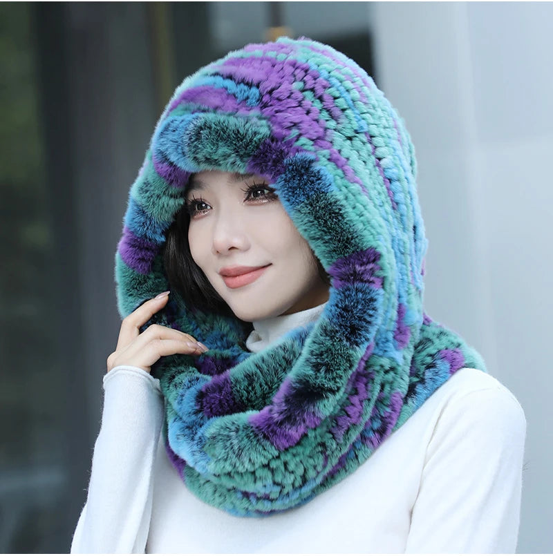 2025 Women’s Knitted Rex Rabbit Fur Hat – Hooded Scarf with Neck Collar, Long Winter Warm Fur Hat & Scarf Set
