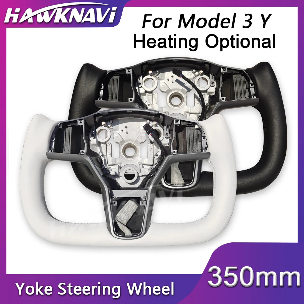 Hawknavi 350mm Yoke Steering Wheel – Leather Racing Style for Tesla Model 3 & Model Y, Heated Optional, White & Black