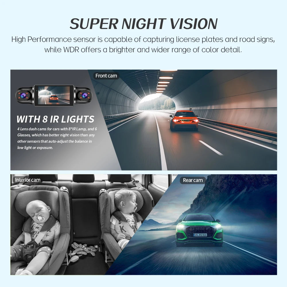 Free 64GB 360° Car DVR Dash Cam – WiFi, GPS, 24H Parking Monitor, 4 Lens HD 1080P Video Recorder with App Control