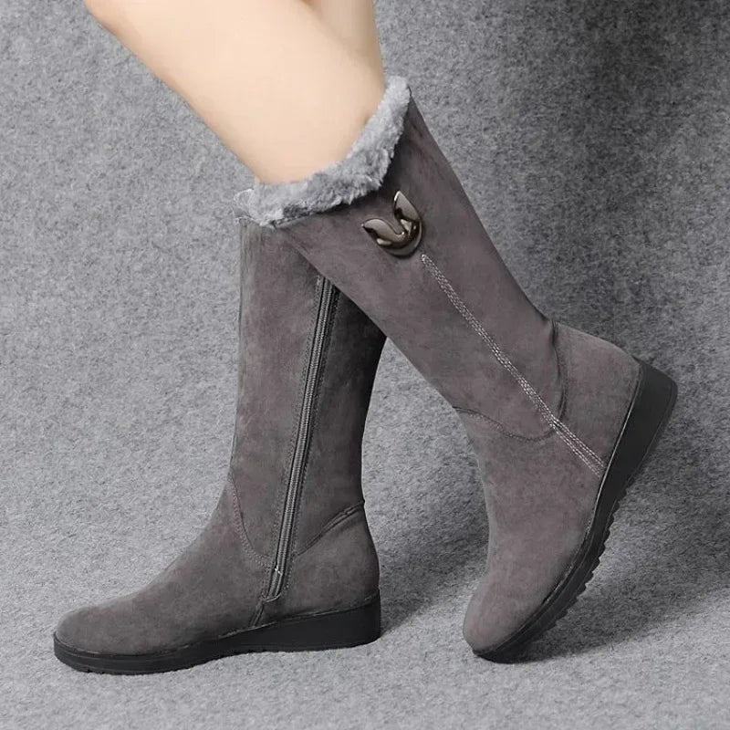 Warm Chelsea High Fur Boots for Women – 2025 Winter Chunky Mid-Calf Plush Snow Boots with ZIP, Fashion Botas De Mujer