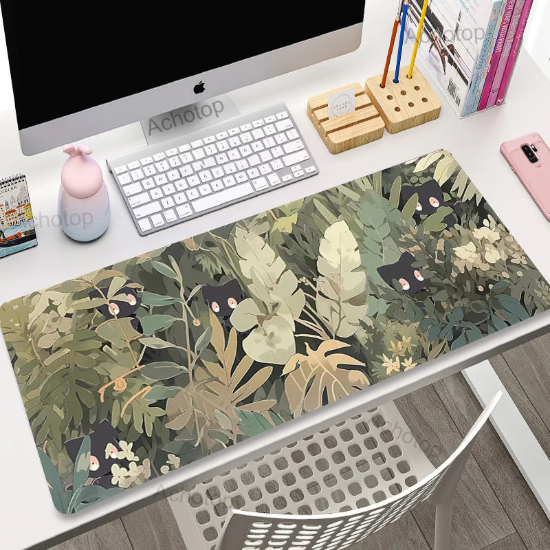 Cute Cat Gaming Mouse Pad - XL Green Plant Design XXL Desk Mat for Keyboard Computer Laptop Gamer Setup