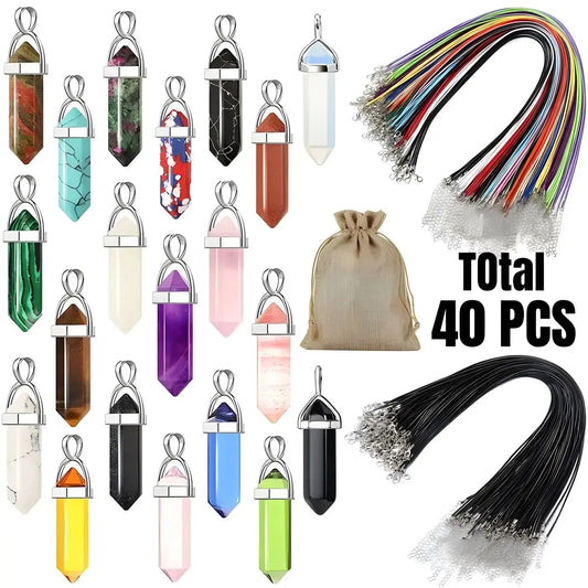 40/30PCS Hexagonal Chakra Crystal Pendant Set – Synthetic Quartz Points with Leather Necklace Chain & Storage Bag