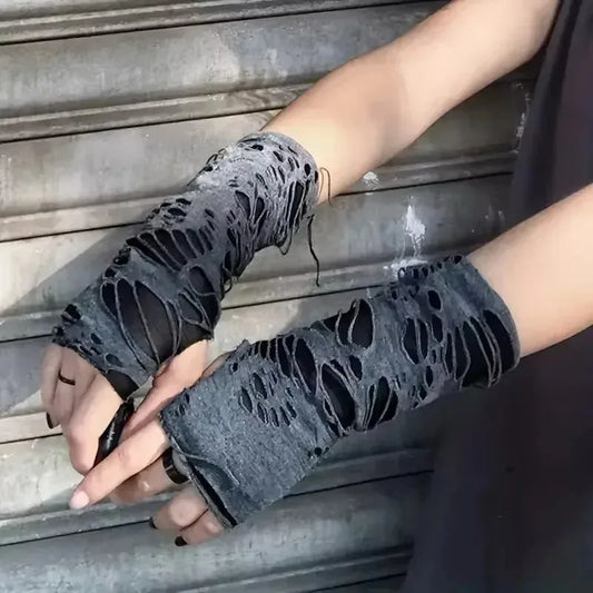 Unisex Gothic Fingerless Gloves – Tear Design Stretchy Punk Fashion Gloves for Party Wear, Durable & Stylish Street Accessories