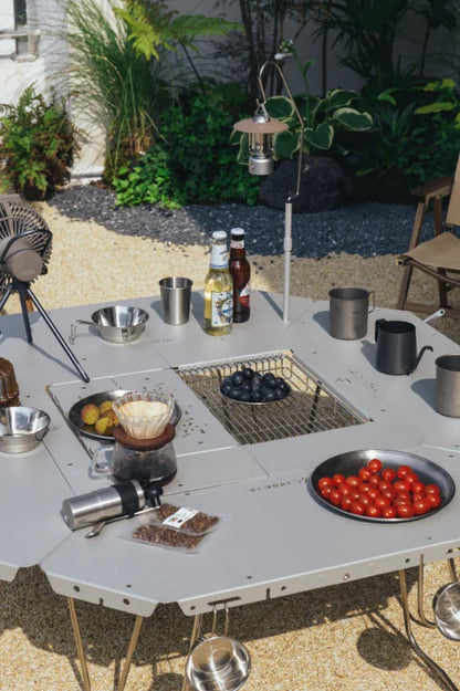 Homful Outdoor Multifunctional Stainless Steel Round Table – Foldable BBQ & Campfire Table for Camping