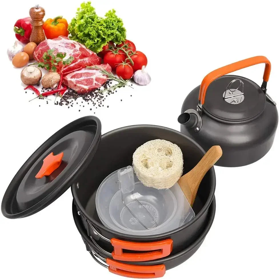 Nonstick Aluminum Camping Cookware Set: Portable Outdoor Tableware for Hiking, BBQ, and Picnics - Includes Kettle, Pot, Cooking Pan, and Bowl