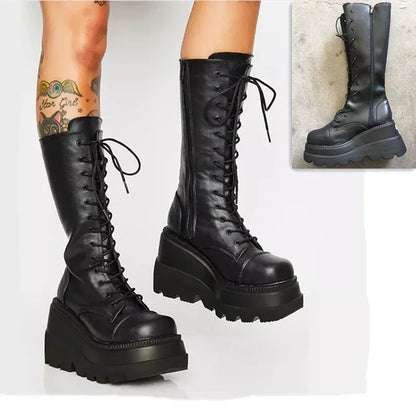 2024 Women’s Platform Mid-Calf Boots – Elastic Microfiber Chunky Heel Black Goth Spring & Autumn Shoes