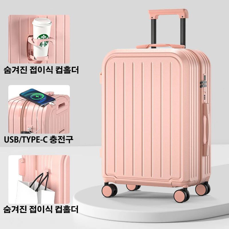 Large Capacity Trolley Suitcase – 20/22/24/26/28" Travel Luggage with Cup Holder for Business & Leisure