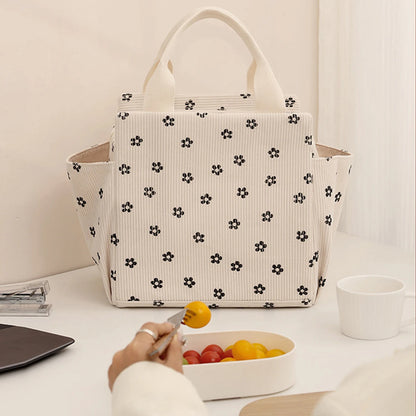 12L Insulated Lunch Box Bag — Thickened Aluminum Foil, Waterproof & Oil-Proof Printed Corduroy Meal Bag