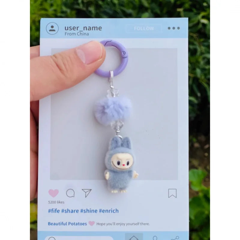 Labubu Mini Flocking Doll Keychain – Standing & Sitting Car, Bag, Phone, Backpack Charm Gift