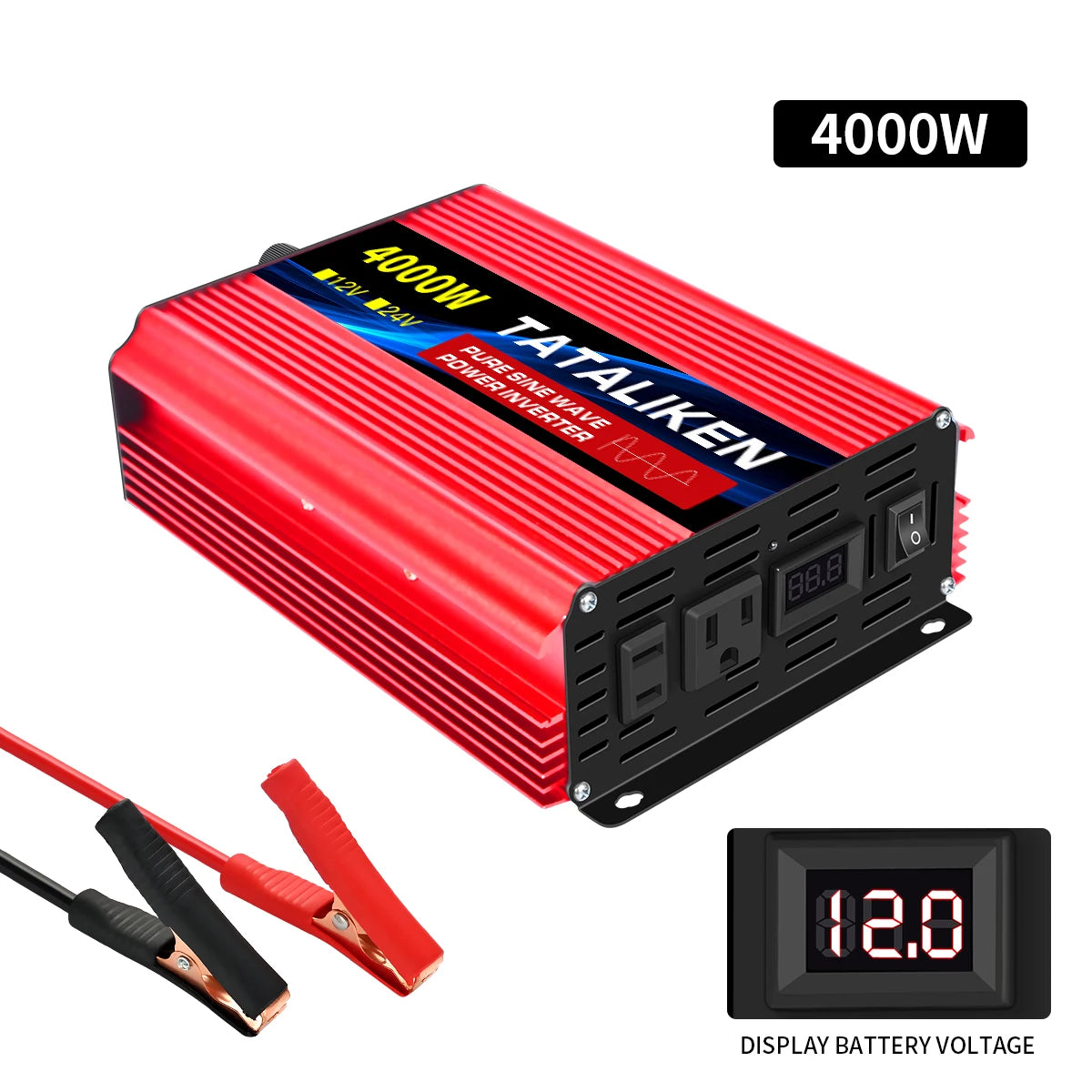 12V/24V to 110V AC Pure Sine Wave Power Inverter — 4000W/16000W 60Hz Converter with LED & US Socket for Car & Solar