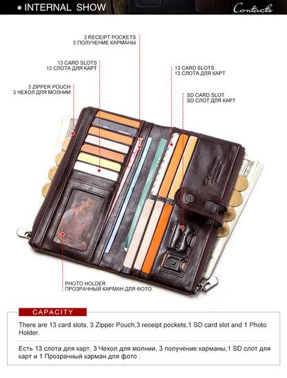 CONTACT'S Men’s Genuine Leather Clutch Wallet – Long Vintage Wallet with Card Holder, Zipper Coin Purse & Money Bag