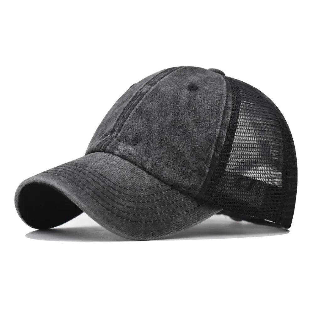 Vintage Washed Cotton Cap - Denim Mesh Baseball Hat with UV Protection for Women