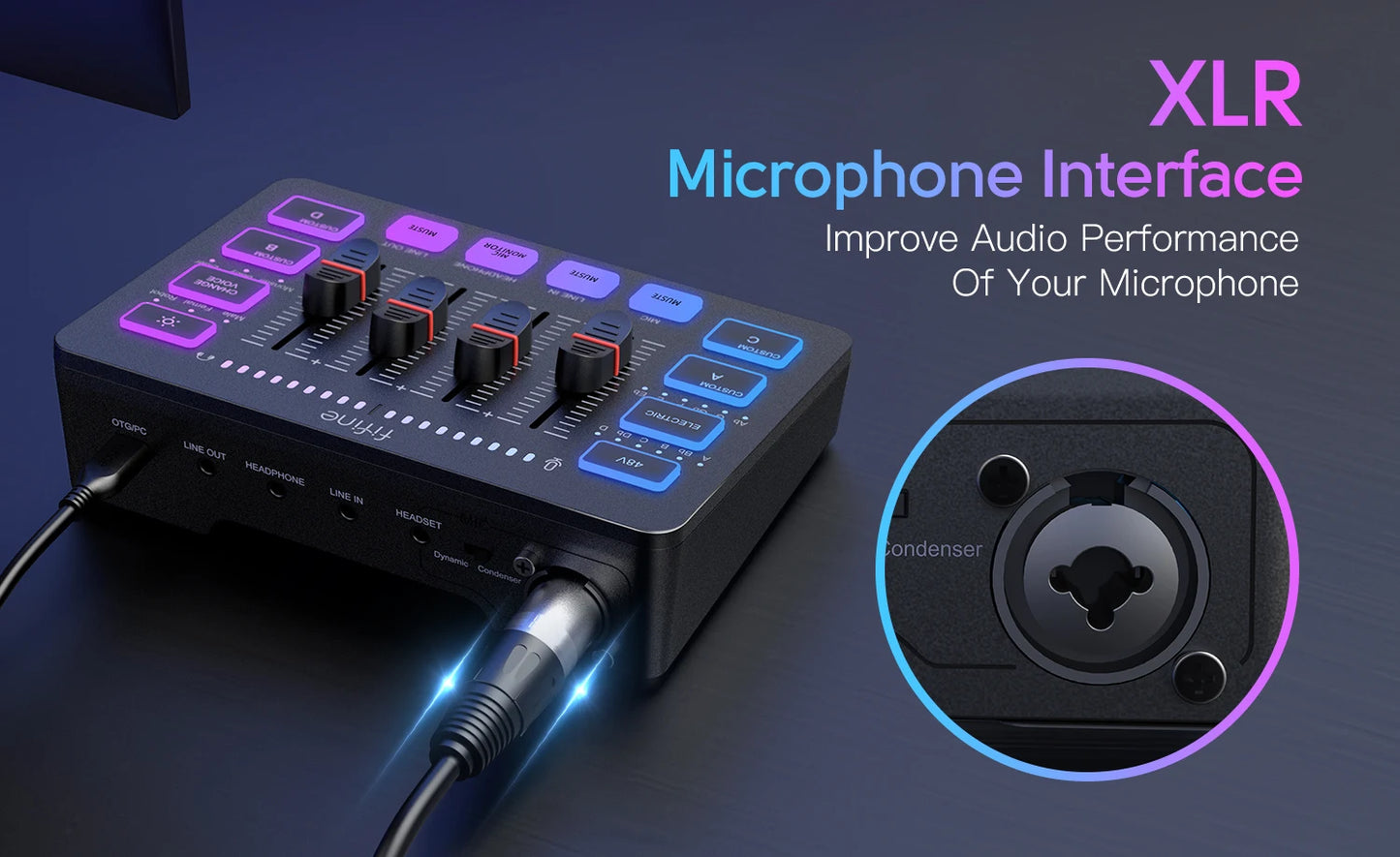 FIFINE 4-Channel RGB Gaming Audio Mixer – XLR Mic Interface for Streaming, Podcast & Game Voice