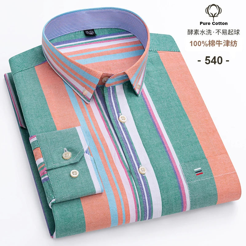 Men's 100% Cotton Oxford Plaid Shirt - Soft Regular Fit Long Sleeve Formal Dress Shirt with Pocket S-7XL