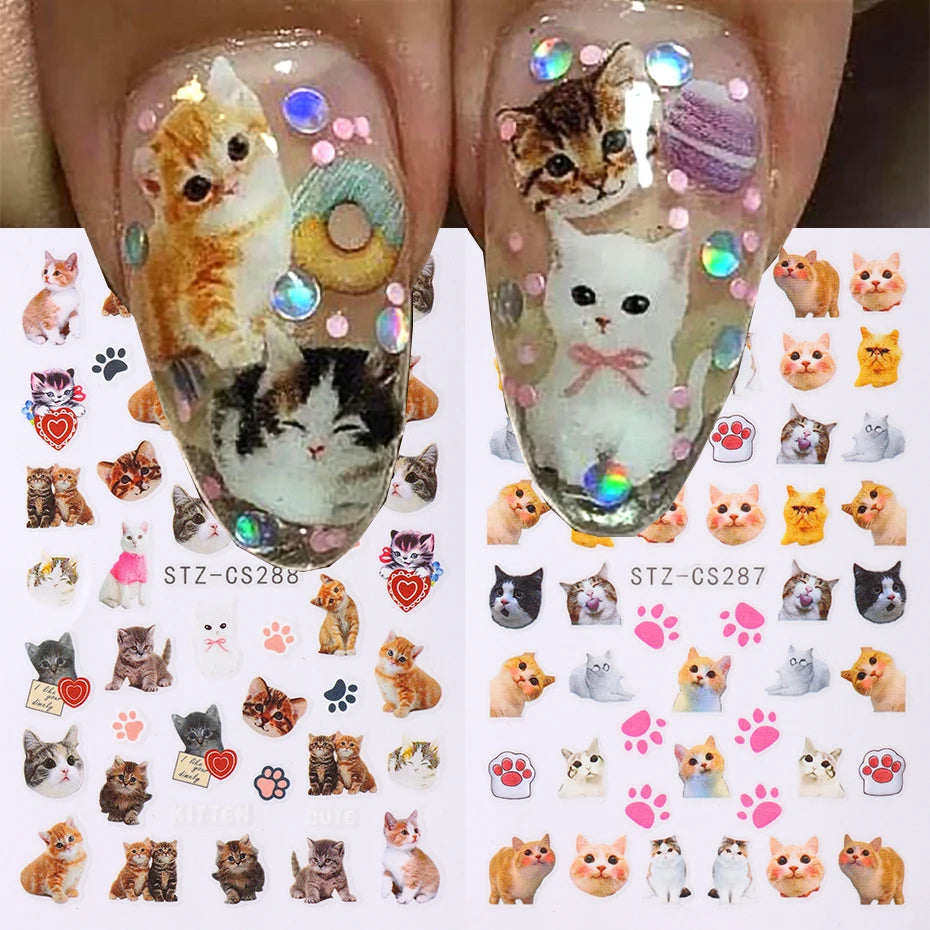 3D Animal Nail Art Stickers - Cute Cartoon Dog, Cat & Bunny Self-Adhesive Decals