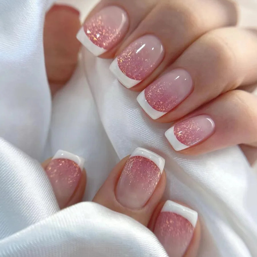 24PCS Short Press On Nails - Shimmer Ballet French Full Cover Artificial Nail Tips for Daily Manicure Style