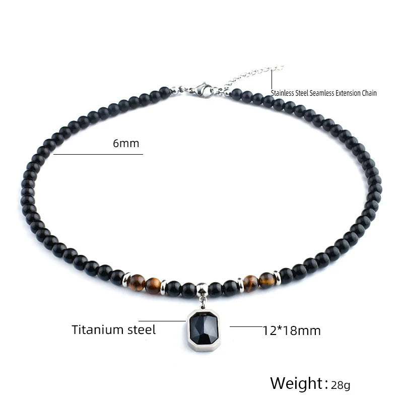 Stainless Steel Tiger Eye and Black Crystal Pendant Necklace for Men – Fashionable Natural Stone Beaded Strand Jewelry