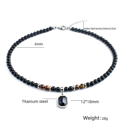 Stainless Steel Tiger Eye and Black Crystal Pendant Necklace for Men – Fashionable Natural Stone Beaded Strand Jewelry